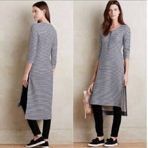 Anthropologie Postmark Split Henley Blue White Stripes Long Dress Large | F1937